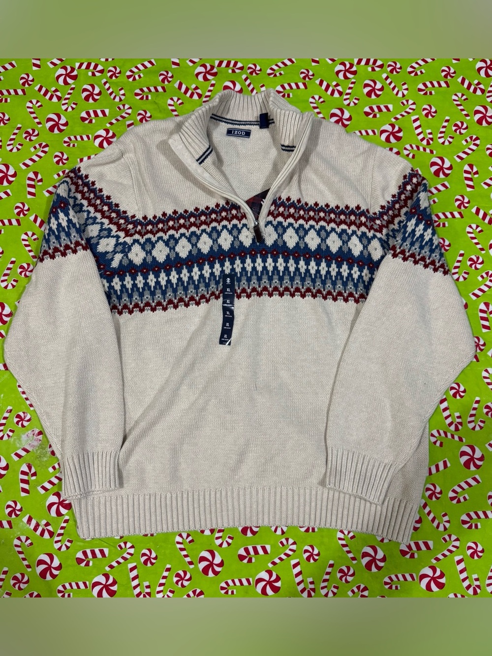 Izod Cream Fair Isle Quarter-Zip Sweater with Navy & Burgundy Pattern - Picture 4 of 16